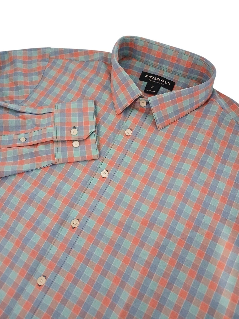Mizzen+Main Performance Menwear Coral Pastel Plaid Dress Shirt Medium Trim